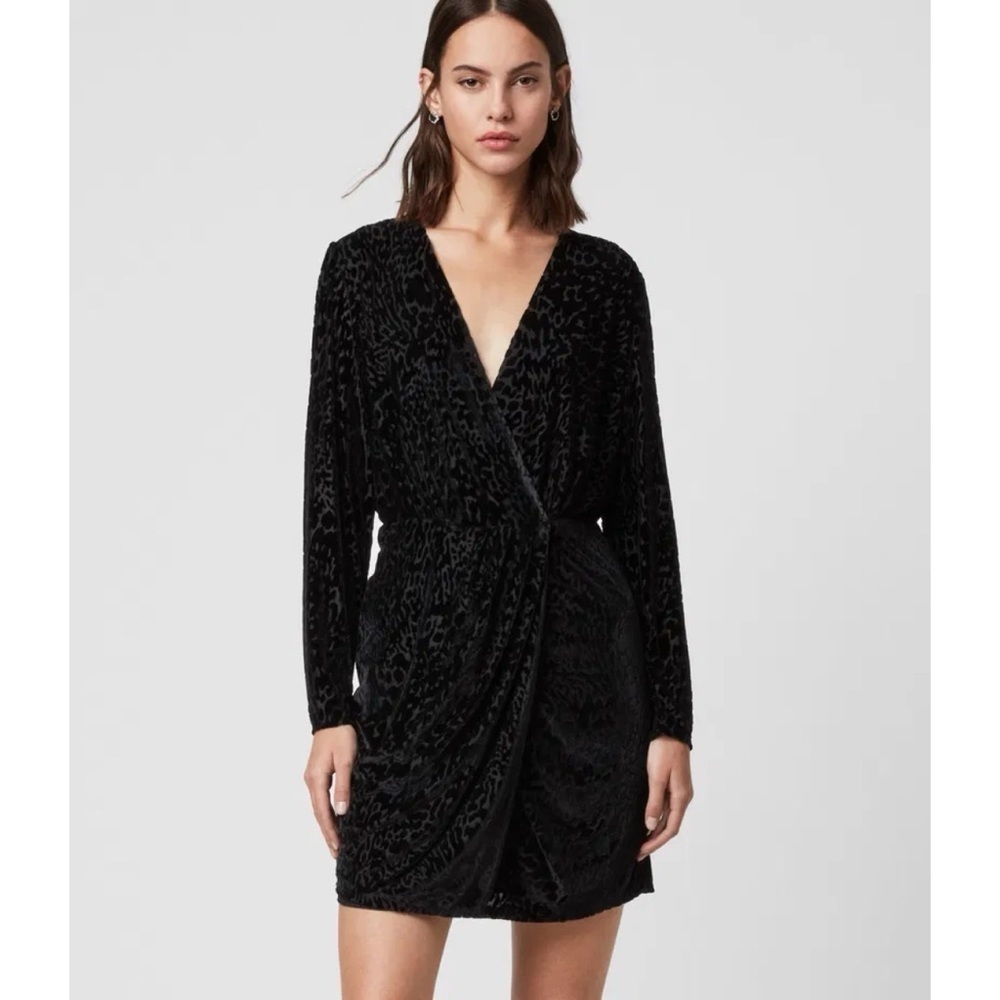NWT ALLSAINTS Laney Devore Dress in Black - Velour Leopard